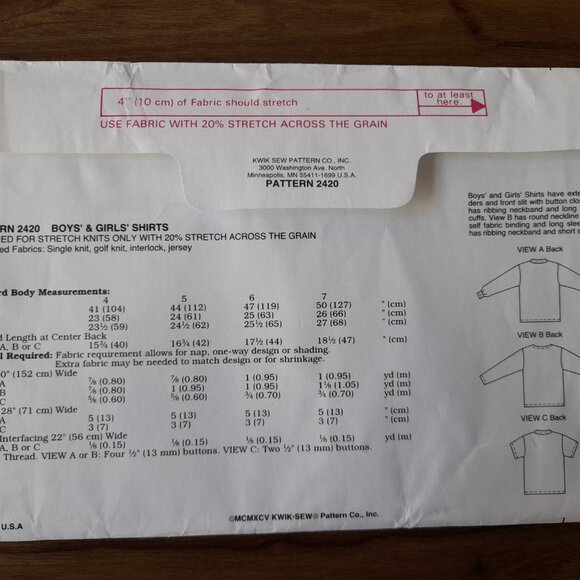 Kids Henley Shirts Pullover Tops Boys Girls Size 4-7 Kwik Sew 2420 UNCUT - Picture 4 of 9